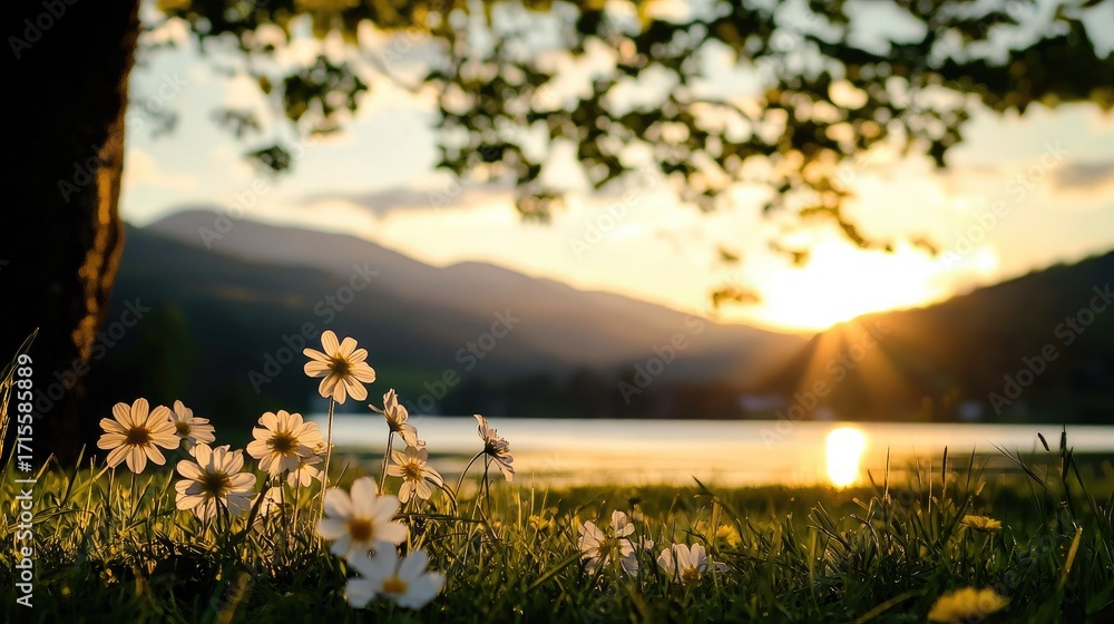 Obraz premium Daisies by a lake at sunset, bathed in golden light.