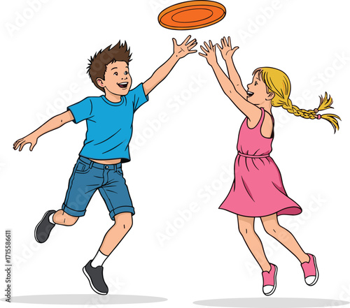 Happy children playing frisbee outdoors, active kids jumping to catch flying disc, fun childhood game, summer activity, healthy exercise, friendship, joy