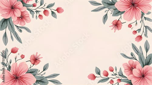 Floral Frame with Pink Flowers and Gray Leaves Illustration