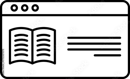 Online Course Icon for Digital Training and Study. Line art online course window with play button and book symbol representing digital education e learning training study and professional development 