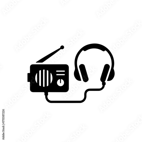 Black and white Portable Radio and Headphones Icon Vector Illustration. This graphic represents the intimate and personal experience of listening to audio content