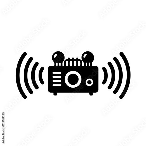 Black and white Vintage Radio and Sound Waves Icon Vector Illustration. This classic graphic features the silhouette of a retro vacuum tube radio with stylized sound waves emanating from its speaker