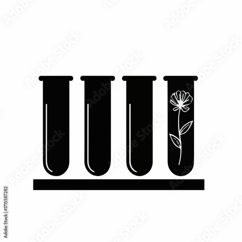 Black and white Test Tube with Flower. This symbolic graphic shows a series of test tubes, one of which holds a single flower or leaf, representing the unique intersection of  biology, chemistry