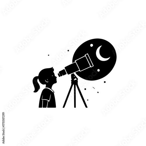 Black and white Little Girl and Telescope Icon Vector Illustration. This inspiring graphic shows the silhouette of a young girl gazing at the stars or moon through a telescope, symbolizing curiosity