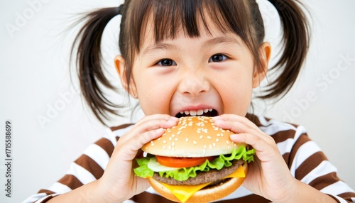 Child eating a delicious burger indoor setting food photography bright environment close-up view fun concept