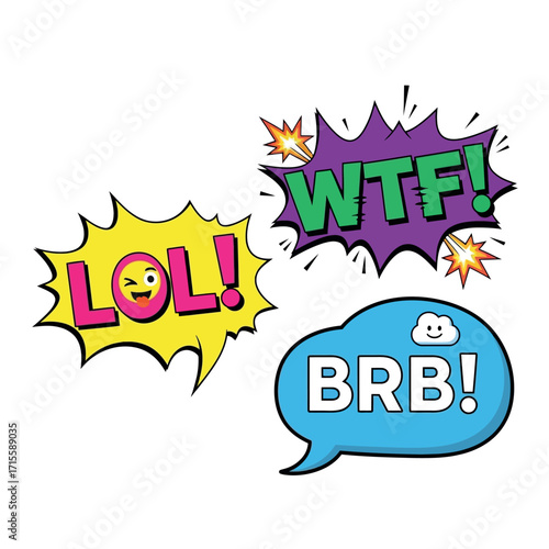 Funny Cartoon Speech Bubbles With Text Messages LOL WTF BRB Expressions