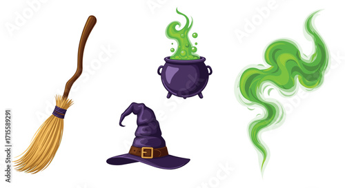 Enchanting Halloween witch accessories for spooky holiday fun including broom hat cauldron with bubbling potion and green smoke, Generative AI.