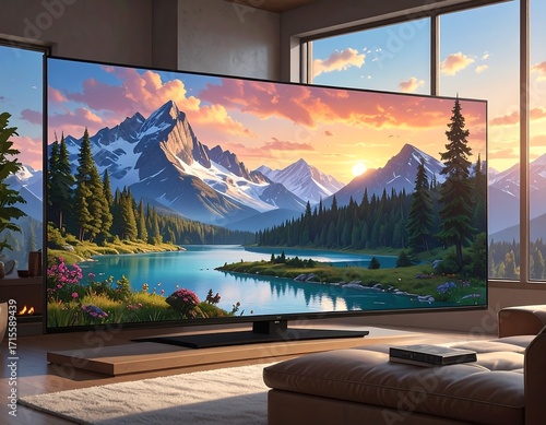 A large flat-screen television displays a serene landscape painting of a tranquil mountain lake at sunrise.