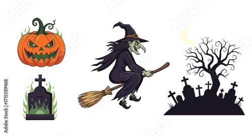 Spooky Halloween night with a flying witch glowing pumpkin and eerie graveyard scene - perfect for seasonal greetings and fun designs, Generative AI.