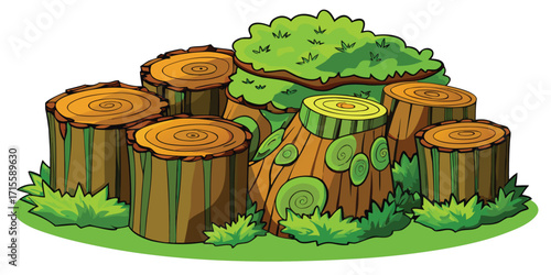 Cartoon tree stumps and green foliage nature wood