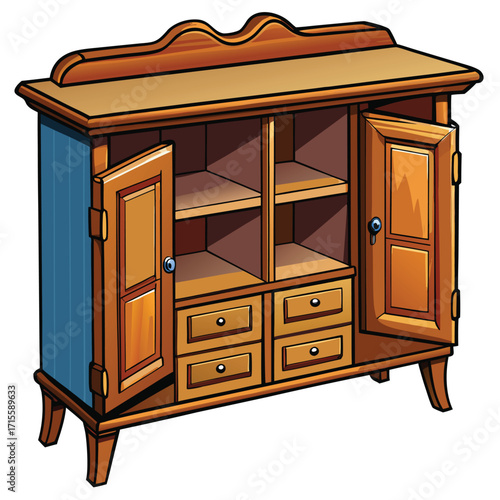 Antique wooden cabinet with open doors and drawers furniture storage