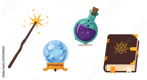 Magical elements featuring a wand potion crystal ball and spell book for fantasy concepts perfect for game design and story illustrations, Generative AI.