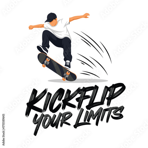 Skateboarder performing a trick with kickflip your limits text below it design