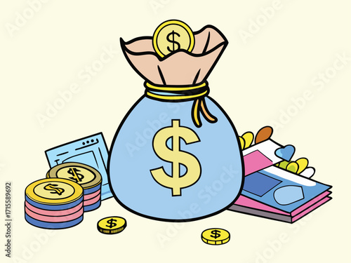Light blue money bag with dollar sign surrounded by coins and bills wealth