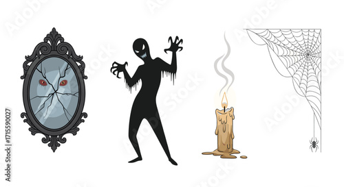 Spooky Halloween decorations with a cracked mirror scary shadow monster burning candle and spider web for a haunted house party vibe, Generative AI.