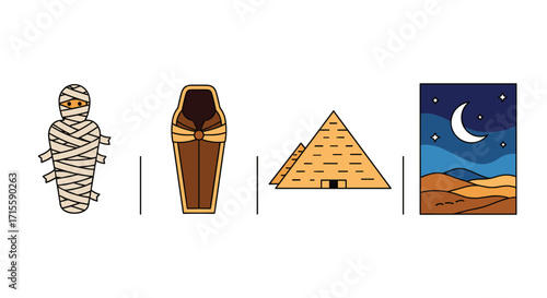 Mysterious Egyptian icons featuring a mummy sarcophagus pyramids and moonlit desert landscape perfect for travel or adventure themed designs, Generative AI.