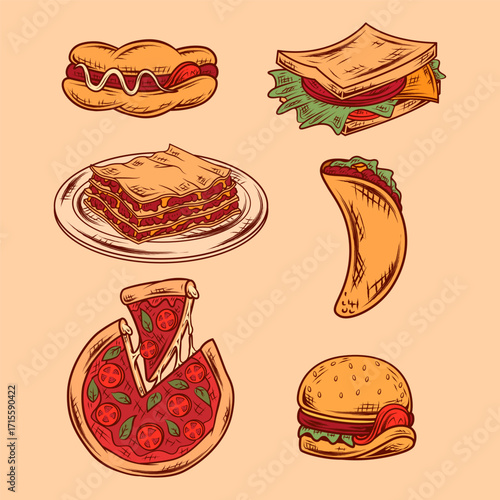 A set of street food in doodle line art style