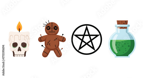 Spooky Halloween elements featuring a skull candle voodoo doll pentagram and potion brew for creepy festive designs and invitations, Generative AI.