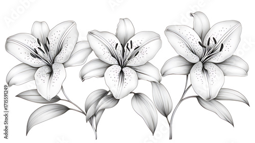 Black & White Highly Detailed Lily Illustrations: Three 6-Petal Lilies Horizontally Arranged, White Background