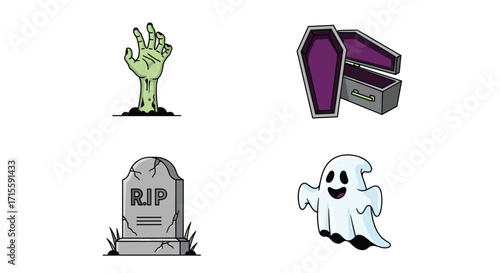 Spooky Halloween cartoon elements including ghost zombie hand coffin and gravestone for festive creative projects this Fall season, Generative AI.