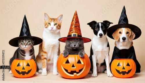 Halloween-themed costumed pets indoor setting photo festive environment front view fun concept for pet lovers