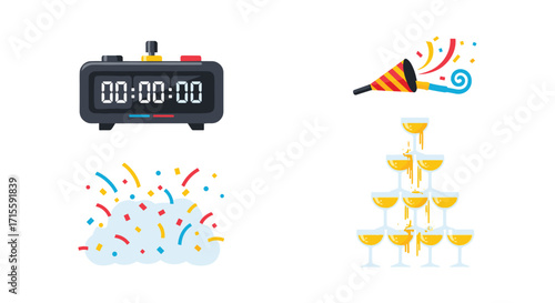 Get Ready to Party Countdown clock reaches zero with champagne tower and confetti for New Years celebrations and fun times, Generative AI.