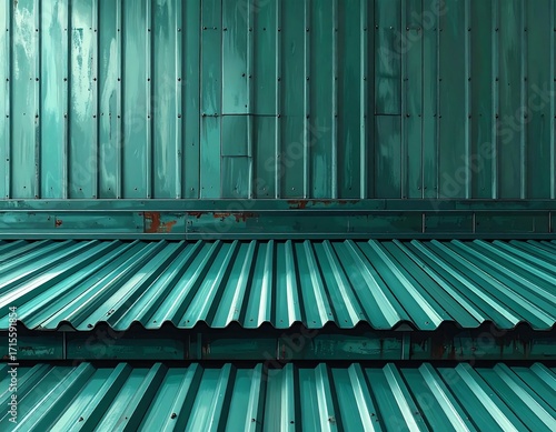 Teal corrugated metal facade and roof structure