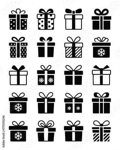 Black and White Gift Box Icons for Celebration and Holiday Designs