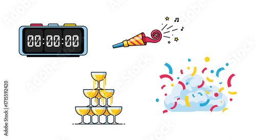 Countdown to midnight new year's eve celebration champagne tower party horn confetti fun times enjoy the holidays festive occasion bubbly, Generative AI.