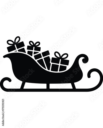 Vector silhouette illustration of a sleigh filled with wrapped gifts, perfect for festive holiday and Christmas designs