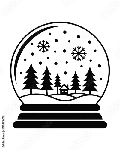Stylized vector illustration of a festive winter scene inside a charming snow globe, featuring a cozy home, evergreen trees, and delicate falling snow flakes