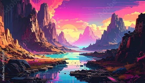 Vibrant digital landscape of a surreal valley