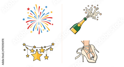 Celebrate with fireworks champagne stars and elegant heels for a vibrant and festive occasion perfect for New Year's Eve or a special event, Generative AI.