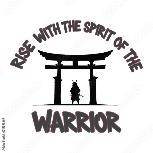 Silhouette of a warrior standing before a torii gate with text around design