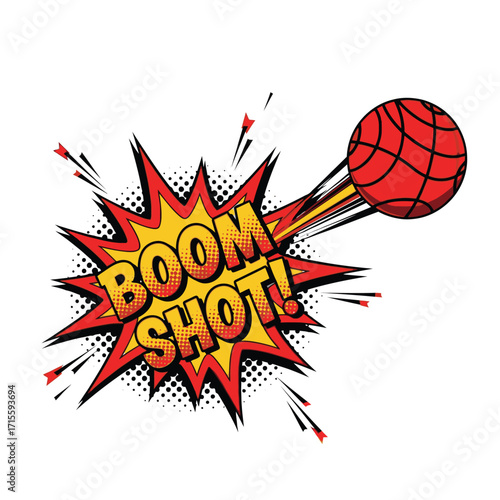 Red ball with boom shot text in a comic explosion graphic element design