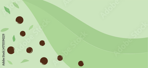 Green tea drink wallpaper with wave, flying tea leaves and tapioca ball on green background vector.