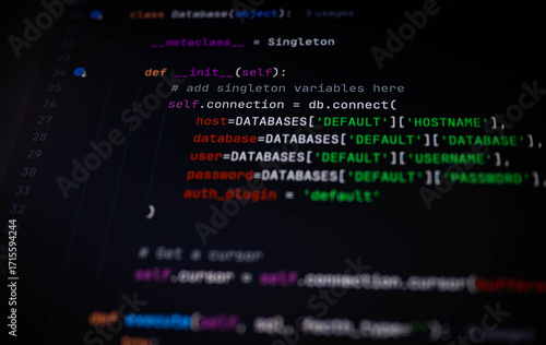 Close-up of Python code snippet showing database connection configuration using Singleton pattern. Great for use in cybersecurity, software engineering, backend development, and IT education.