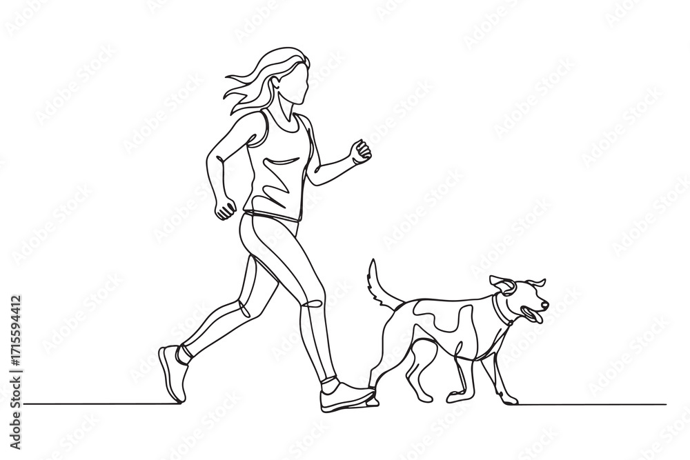 Fototapeta premium continuous line drawing of a woman running with her dog