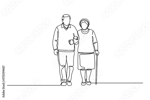 Continuous Line Drawing of a elderly couple walking together arm in arm