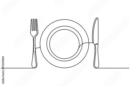  Continuous Line Drawing of a plate with fork and knife