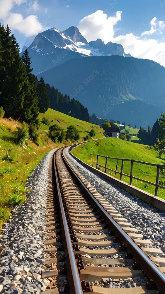 Fototapeta premium Winding railway track through alpine valley, mountains in the background