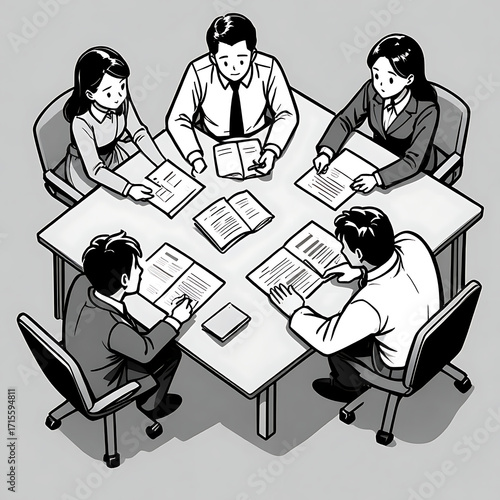 A diverse group of professionals engaged in a collaborative meeting discussing important documents around a square table in a modern office setting