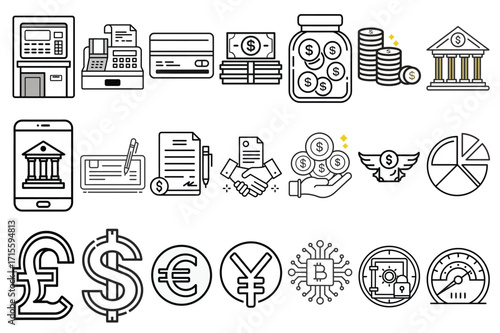 Finance and Banking Vector Icons Set, Economy and Currency Outline Icons, Financial Services Vector Icons