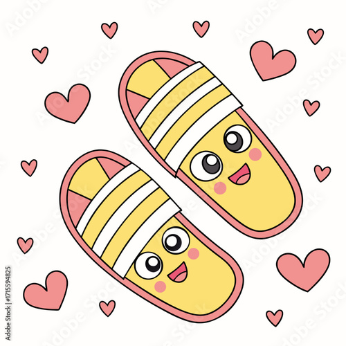 Vector art of charming cartoon slippers with lovable faces, surrounded by hearts, radiating affection and comfort these adorable sandals bring a playful touch, perfect for adding a whimsical vibe