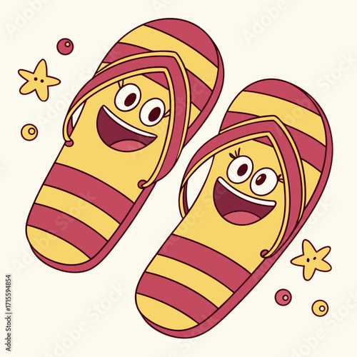 Vector art of a cheerful pair of flipflops with smiling faces, adorned with stripes and playful starfish, evoking a sense of summer fun and carefree beach vibes