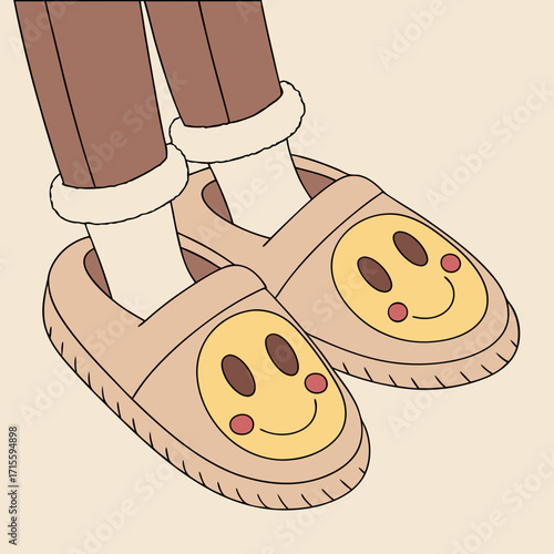 Vector art of a pair of cozy slippers with a smiley face design, perfect for relaxing at home, the slippers are beige and feature a cute smiley face, adding a touch of fun to your loungewear