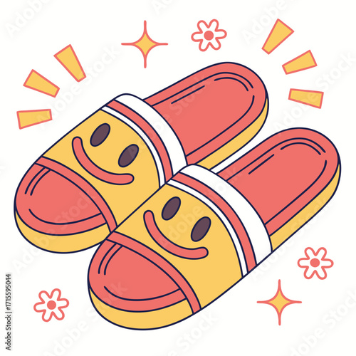 Vector art of a charming pair of cartoon slippers, radiating joy with smiley faces, surrounded by sparkling stars and delicate flowers, creating a cozy and cheerful atmosphere in a delightful design