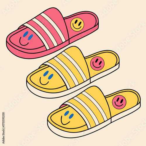 Vector art of three pairs of cute cartoon slippers with smiley faces, one pink and two yellow, arranged diagonally on a light beige background, creating a playful and cheerful vibe