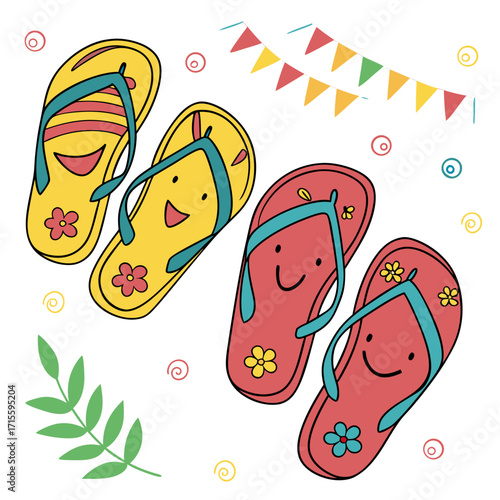 Vector art of colorful flipflops with smiley faces and floral accents, a fun and summery footwear choice, perfect for beach days, pool parties, and casual outings