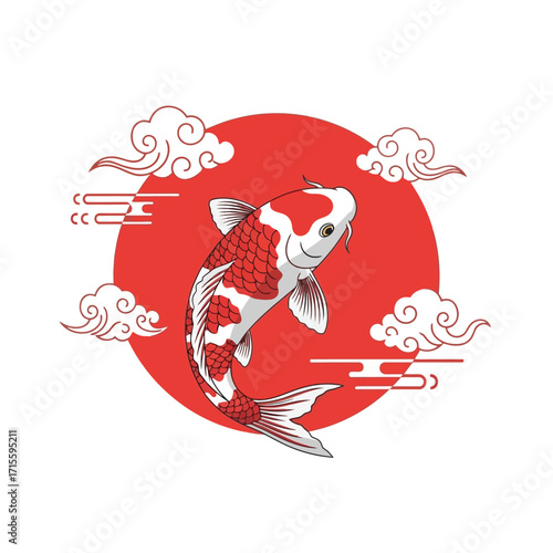 Koi Fish Japanese Red Sun Clouds Asian Carp Tattoo Design Illustration